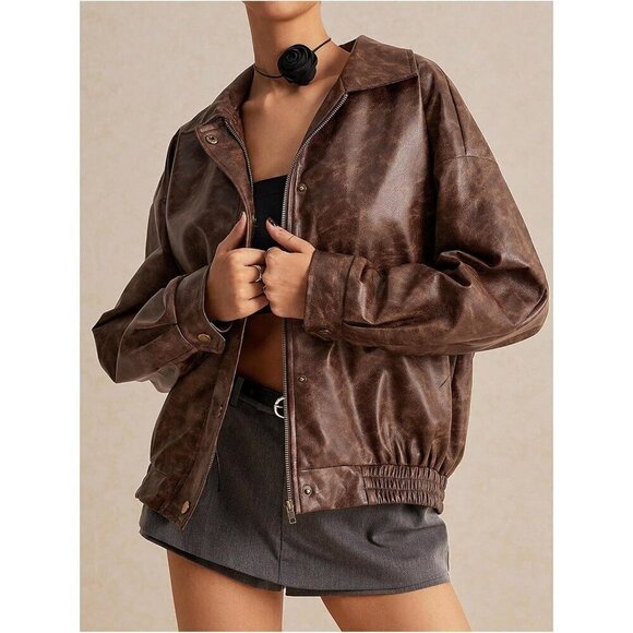 Women's Y2K Faux PU Leather Jacket Brown Vintage Shacket Button Jacket  zip up - Picture 3 of 8